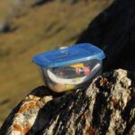Geocache-Dose mit blauem Deckel auf einem Felsen in den Bergen