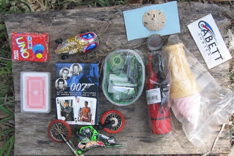 Inhalt eines Geocaches mit Spielkarten, Figuren und Tauschgegenständen auf einem Holzbrett