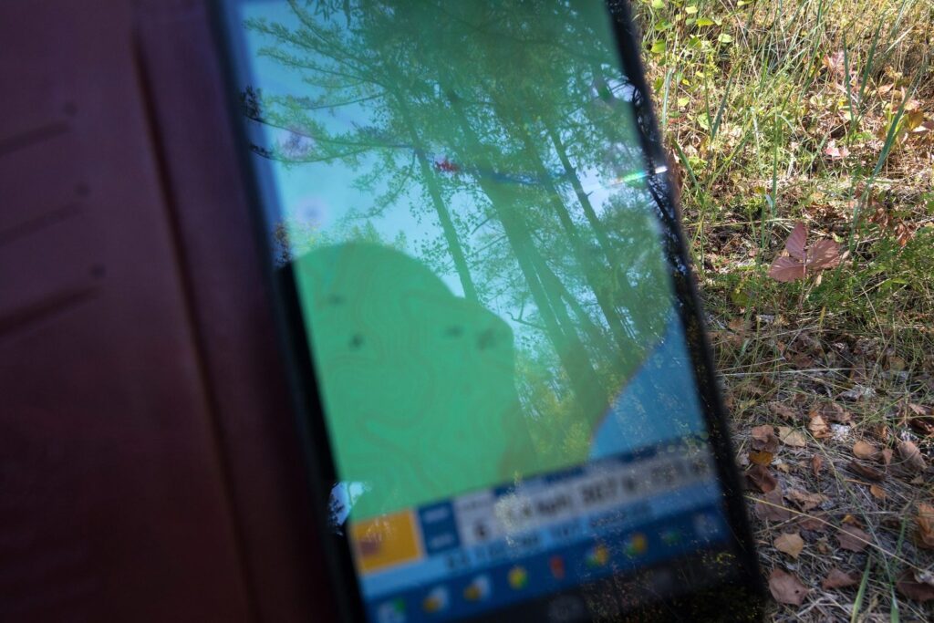 Smartphone mit Navigations-App in der Hand vor einem Waldstück