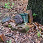 Grüne Munitionskiste als Geocache zwischen Steinen am Fuß eines Baumes