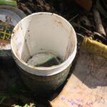 Geöffneter Geocache mit herausgezogenem, feuchtem Logbuch im Gras
